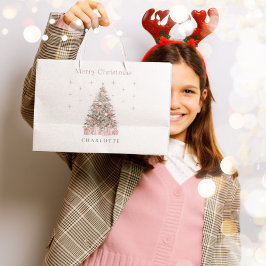 Sacola Para Presentes Grande Árvore de Natal Moderna Rosa Personalizada Festa