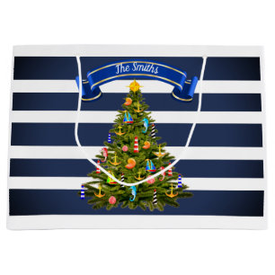 Sacola Para Presentes Grande Árvore de Natal Náutica Personalizada