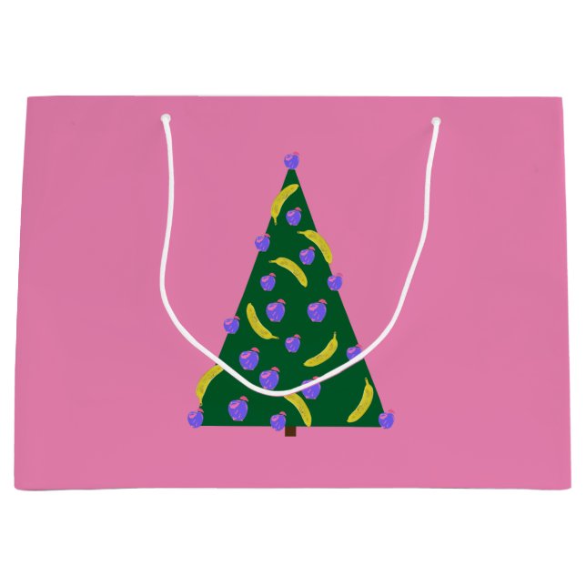 Sacola Para Presentes Grande Árvore de Natal pop com Maçãs e Bananas Rosa (Frente)