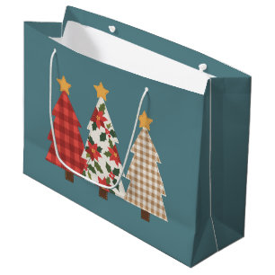 Sacola Para Presentes Grande Árvore de Natal Remendo Vintage Xadrez Vermelho Fe