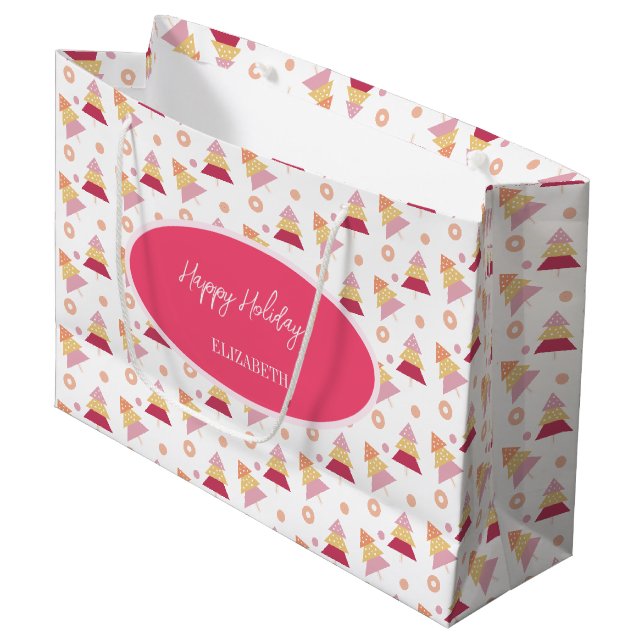Sacola Para Presentes Grande Árvore de Natal Rosa Cute  (Frente inclinada)