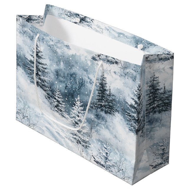 Sacola Para Presentes Grande Árvores de Natal Azuis Brancas Neve de inverno (Frente inclinada)