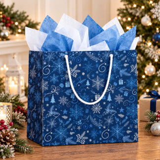 Sacola Para Presentes Grande Árvores de Natal Azuis Geadas & Flocos de Neve