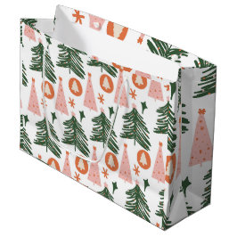 Sacola Para Presentes Grande Árvores de Natal Boho Verde Rosa Laranja