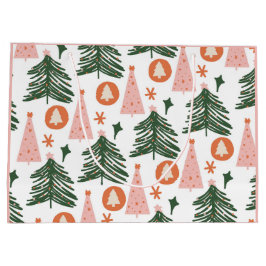 Sacola Para Presentes Grande Árvores de Natal Boho Verde Rosa Laranja