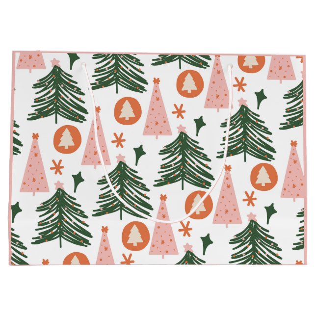 Sacola Para Presentes Grande Árvores de Natal Boho Verde Rosa Laranja (Verso)