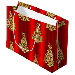 Sacola Para Presentes Grande Árvores de Natal douradas no vermelho
