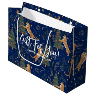 Sacola Para Presentes Grande Árvores de Natal e tigres de fundo azul-escuro