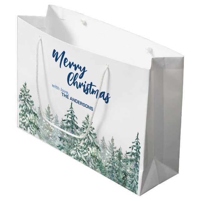 Sacola Para Presentes Grande Árvores de Natal Feliz Floresta de Aquarela (Frente inclinada)