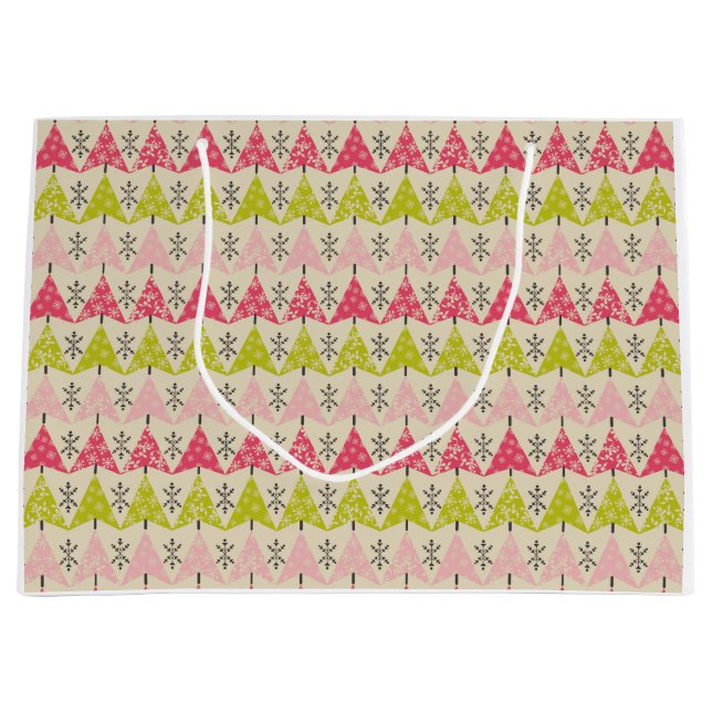 Sacola Para Presentes Grande Árvores de Natal rosa e verde (Frente)