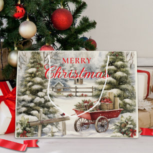 Sacola Para Presentes Grande Árvores de Vintage com Aquarela Feliz Natal