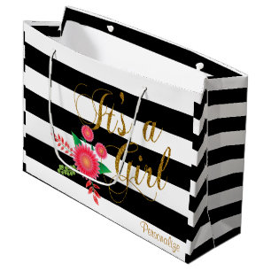 Sacola Para Presentes Grande As listras pretas & brancas com rosa florescem o