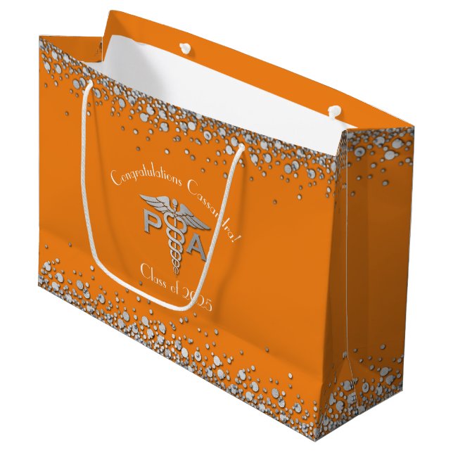 Sacola Para Presentes Grande Assistente Médico Gradução Laranja Prata (Frente inclinada)