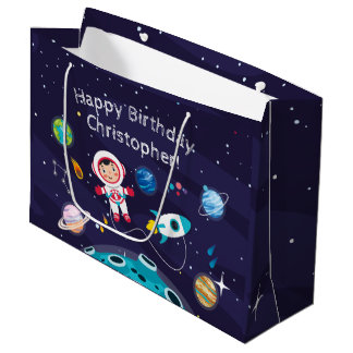 Sacola Para Presentes Grande   Astronaut child on the moon, monogrammed name
