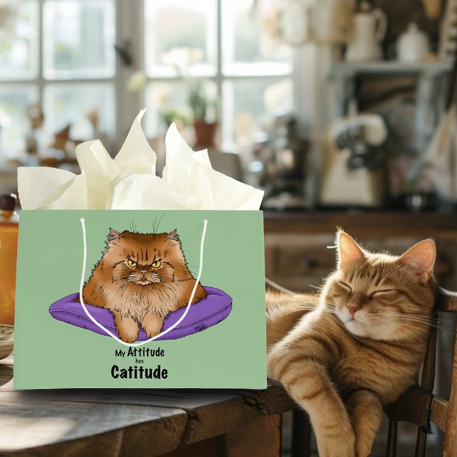 Sacola Para Presentes Grande Atitude engraçada de gato (Criador carregado)
