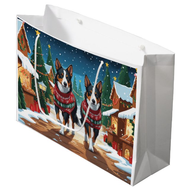 Sacola Para Presentes Grande Australian Kelpie Dogs Christmas Snow Holiday (Frente inclinada)