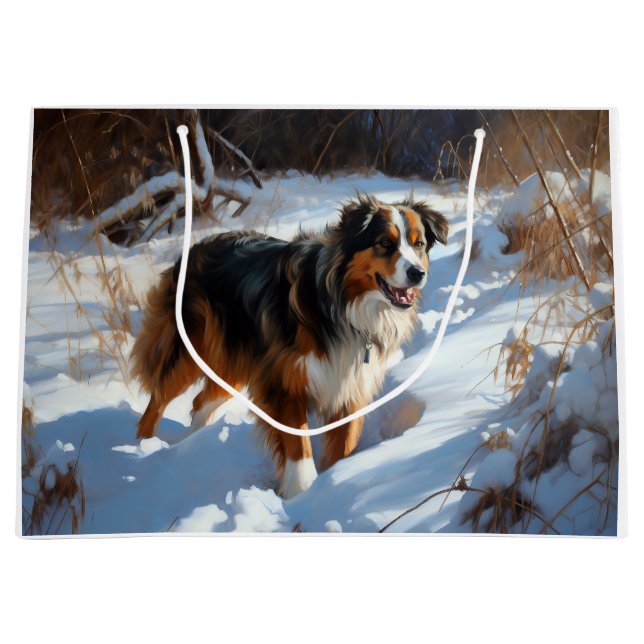 Sacola Para Presentes Grande Australian Shepherd Deixe Nevar Natal (Frente)