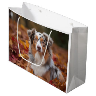 Sacola Para Presentes Grande Australian Shepherd no Outono Folhas Caídas Inspir