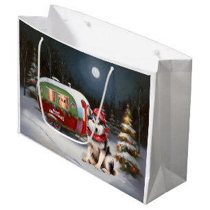 Sacola Para Presentes Grande Aventura de Natal de Winter Siberian Husky Caravan
