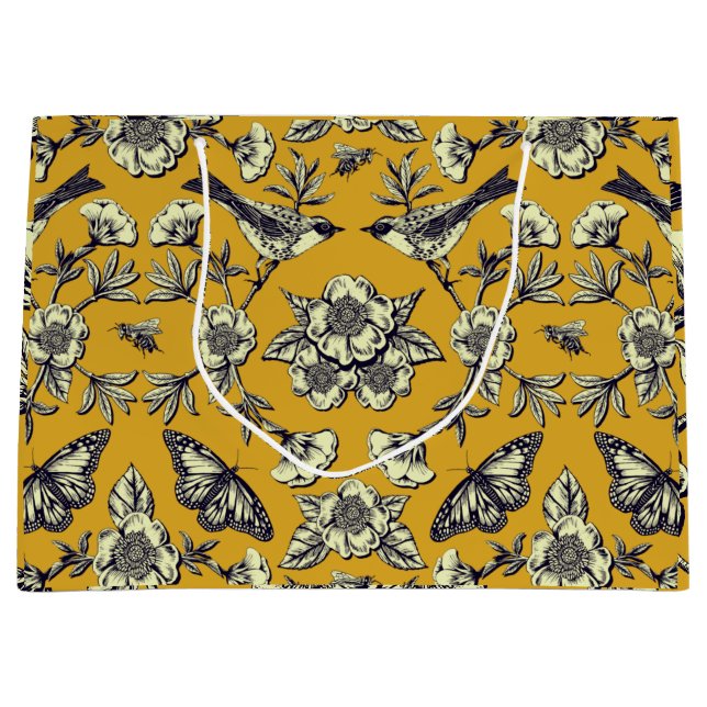 Sacola Para Presentes Grande Aves Amarelas e Marinhos de mostarda, Borboletas e (Frente)