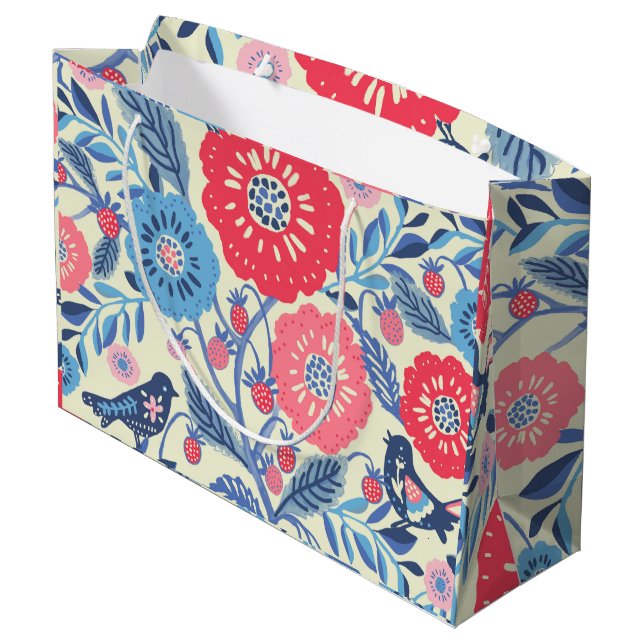 Sacola Para Presentes Grande Aves De Arte Folhosas, Morangos E Impressão De Flo (Verso inclinado)