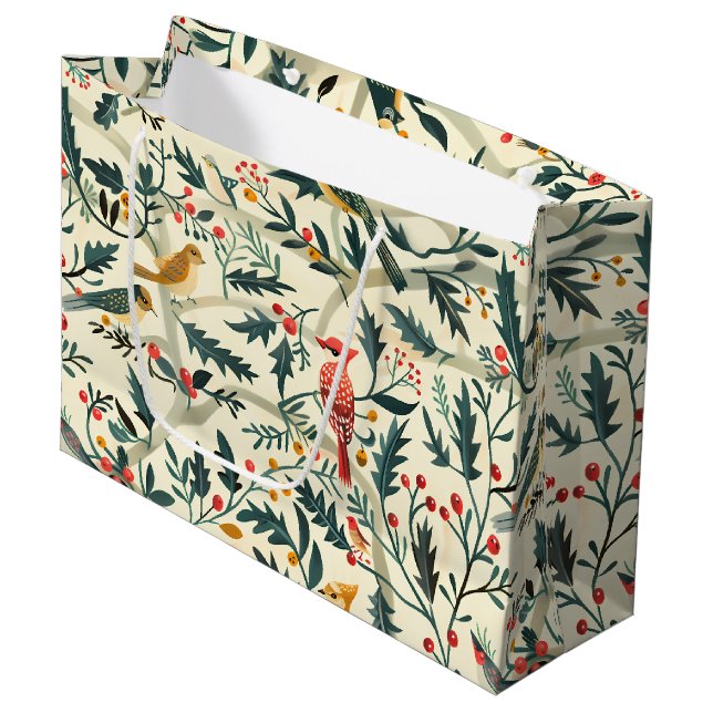 Sacola Para Presentes Grande Aves de Natal e Folhas (Frente inclinada)