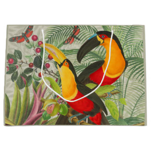 Sacola Para Presentes Grande Aves Tropicais Vibrantes Turianos Arte Selva Exóti