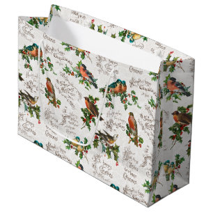 Sacola Para Presentes Grande Aves Vintage, Holly e Cartões de natal