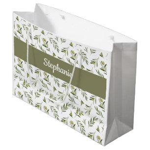 Sacola Para Presentes Grande Azeitonas Verde Sage Aquarela Monograma Nome