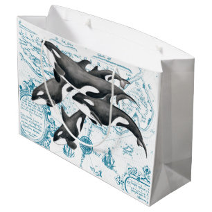 Sacola Para Presentes Grande Azul antigo da família das baleias da orca