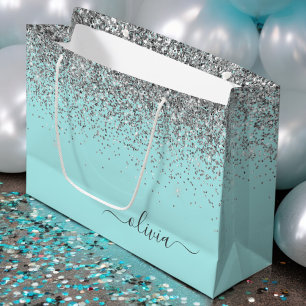 Sacola Para Presentes Grande Azul Aqua Verde Teal Prata Glitter Monograma