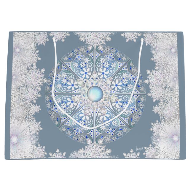 Sacola Para Presentes Grande Azul claro e floco de neve de rendas cerâmicas (Frente)