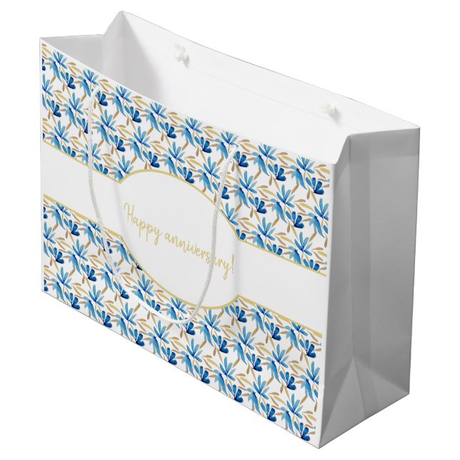 Sacola Para Presentes Grande Azul Claro Elegante E Aquarela Floral Dourada (Frente inclinada)