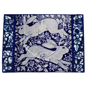 Sacola Para Presentes Grande Azul, Coelho Branco, Azulejo Floral Design Dedham