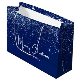 Sacola Para Presentes Grande Azul de Natal, nome da família em prata e branco b