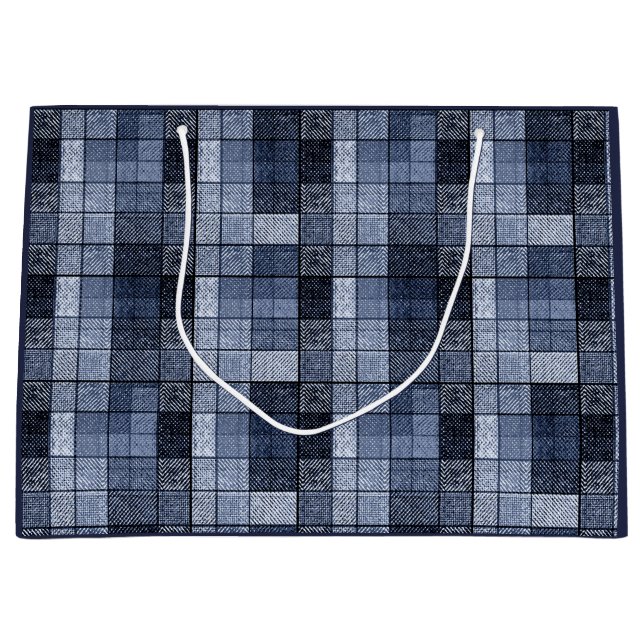 Sacola Para Presentes Grande Azul, denim, tartã, xadrez. (Frente)