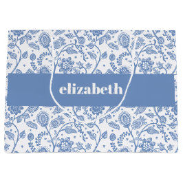 Sacola Para Presentes Grande Azul e Branco Floral Botânico Nome Personalizado M