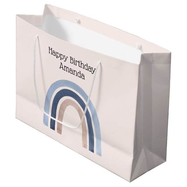 Sacola Para Presentes Grande Azul e Pêssego Arco-Íris Boho Design Aniversário (Frente inclinada)