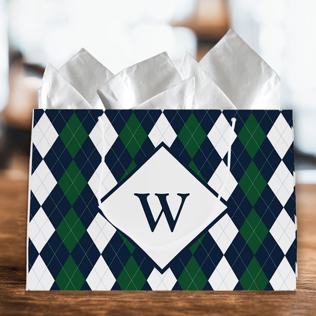 Sacola Para Presentes Grande Azul e Verde Argyle Monogramado (Argyle Monogram Gift Bag)