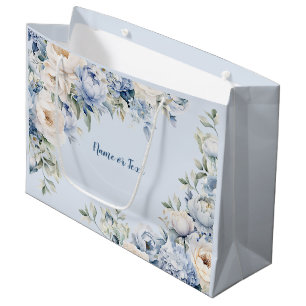 Sacola Para Presentes Grande Azul Empoeirado Aquarela Flores de Marfim Folhas R