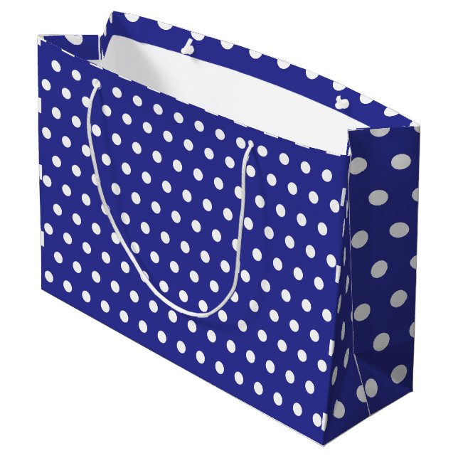 SACOLA PARA PRESENTES GRANDE AZUL ESCURO BRANCO COM BOLINHAS CUSTOMIZADO COM ES (Verso inclinado)