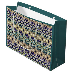 Sacola Para Presentes Grande Azul-étnico, ikat bege