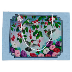 Sacola Para Presentes Grande Azul-flor e beija-flores