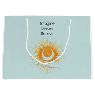 Sacola Para Presentes Grande Azul Imagine Sonhe Acredite Ouro Laranja Sol Mão