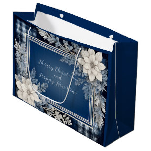 Sacola Para Presentes Grande Azul marinho e Branco Belo Natal Floral