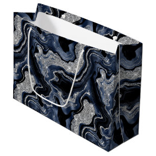 Sacola Para Presentes Grande Azul Marinho Elegante e Prata Brilho Ágata Anivers