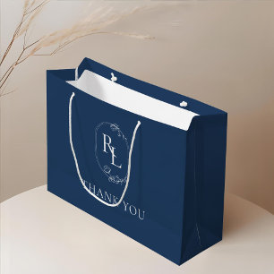 Sacola Para Presentes Grande Azul Marinho Escuro Floral Monograma Agradecimen