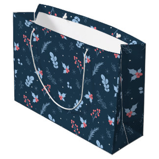 Sacola Para Presentes Grande Azul Marinho Inverno Botânico Frutas Vermelhas Flo