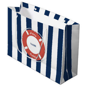 Sacola Para Presentes Grande Azul Náutico Listrado Nome Personalizado Aniversár