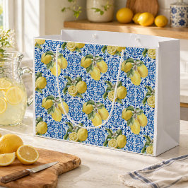 Sacola Para Presentes Grande Azulejo Azul Branco com Padrão de Limão Mediterrân